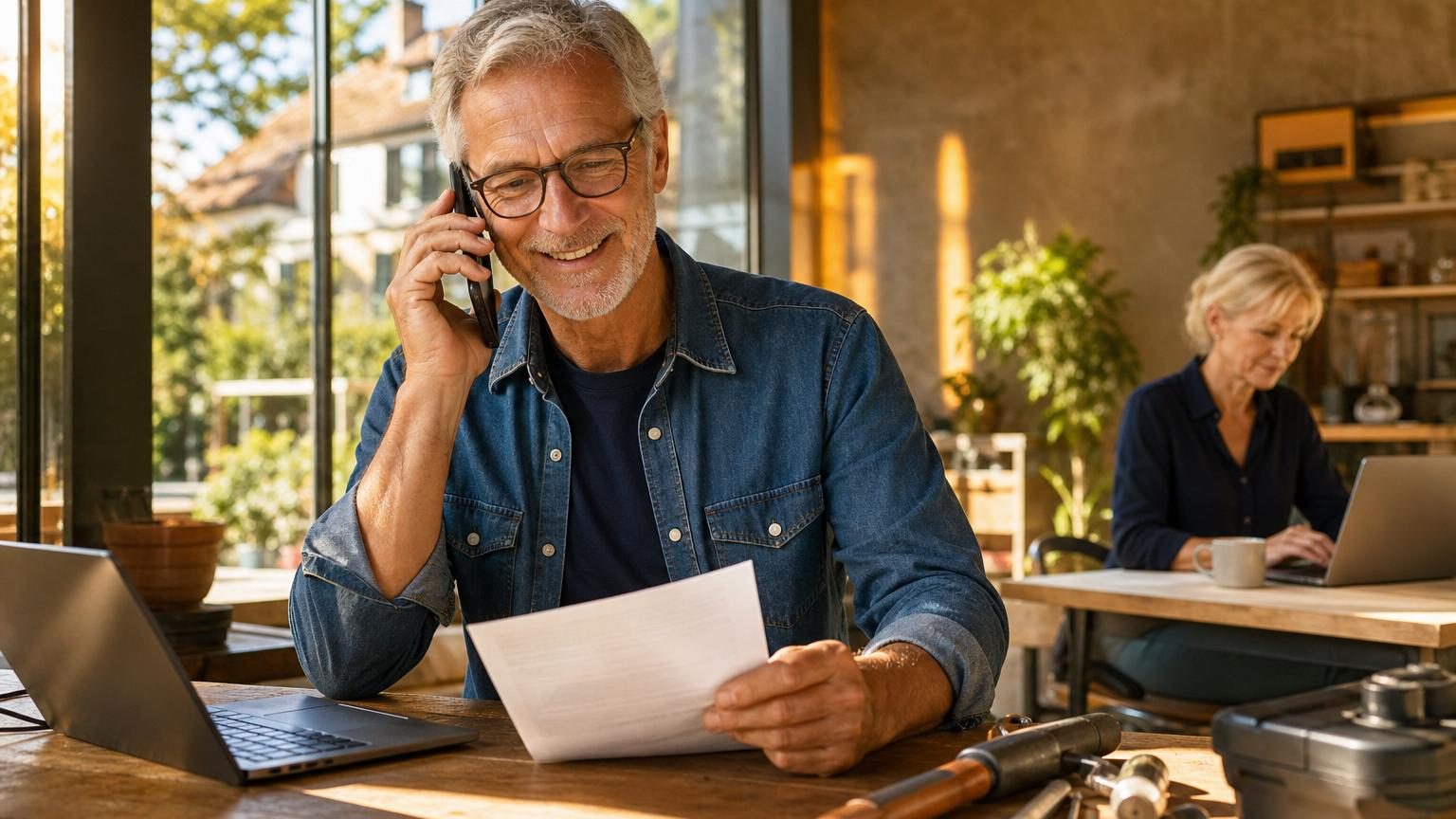 Retraité assis à son bureau travaillant sur un ordinateur portable avec des documents de pension éparpillés, symbole de la gestion administrative du cumul emploi-retraite.