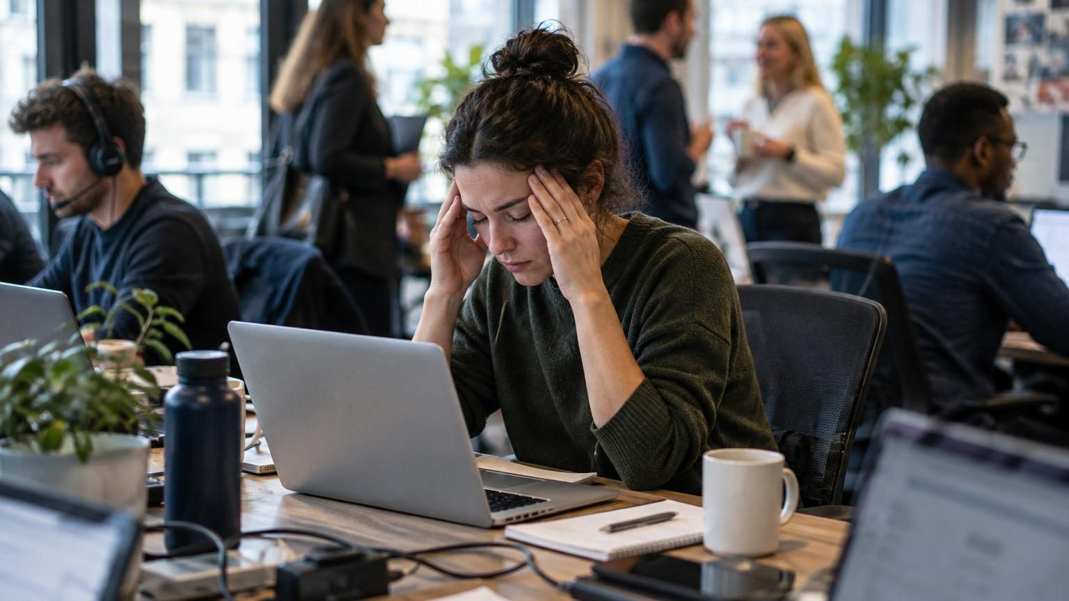 Un employé concentré à son bureau dans un environnement calme et isolé, contrastant avec l'agitation d'un open space bruyant visible en arrière-plan.