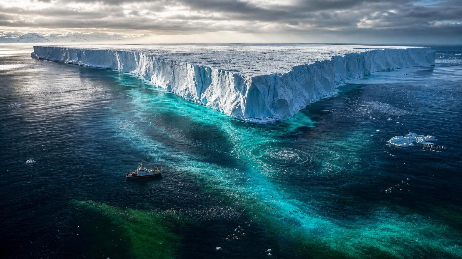 Bloc de glace blanc géant flottant sur une mer grise en Antarctique, vu depuis un satellite.