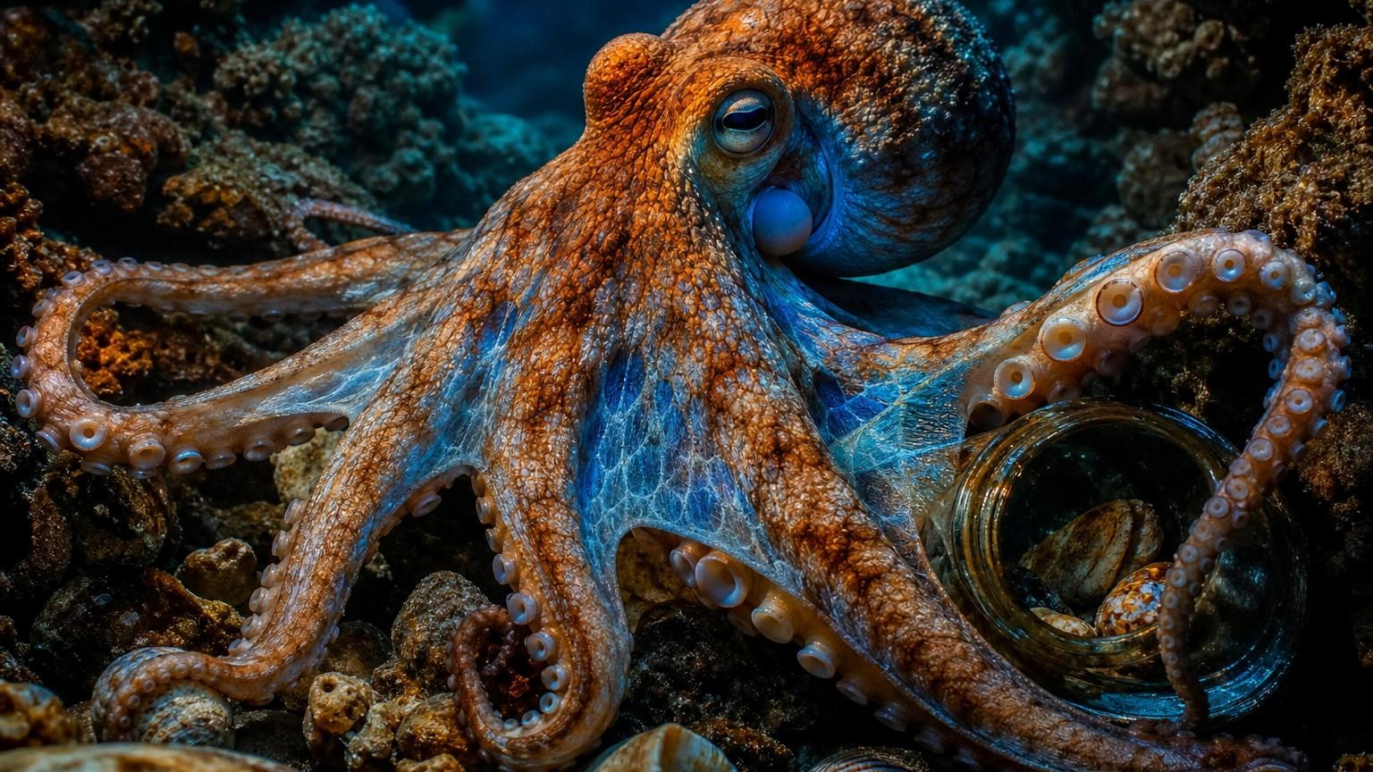 Une pieuvre aux tentacules ondulants explorateurs glisse gracieusement entre les rochers d'un fond marin, ses yeux horizontaux alertes observant l'environnement avec curiosité.