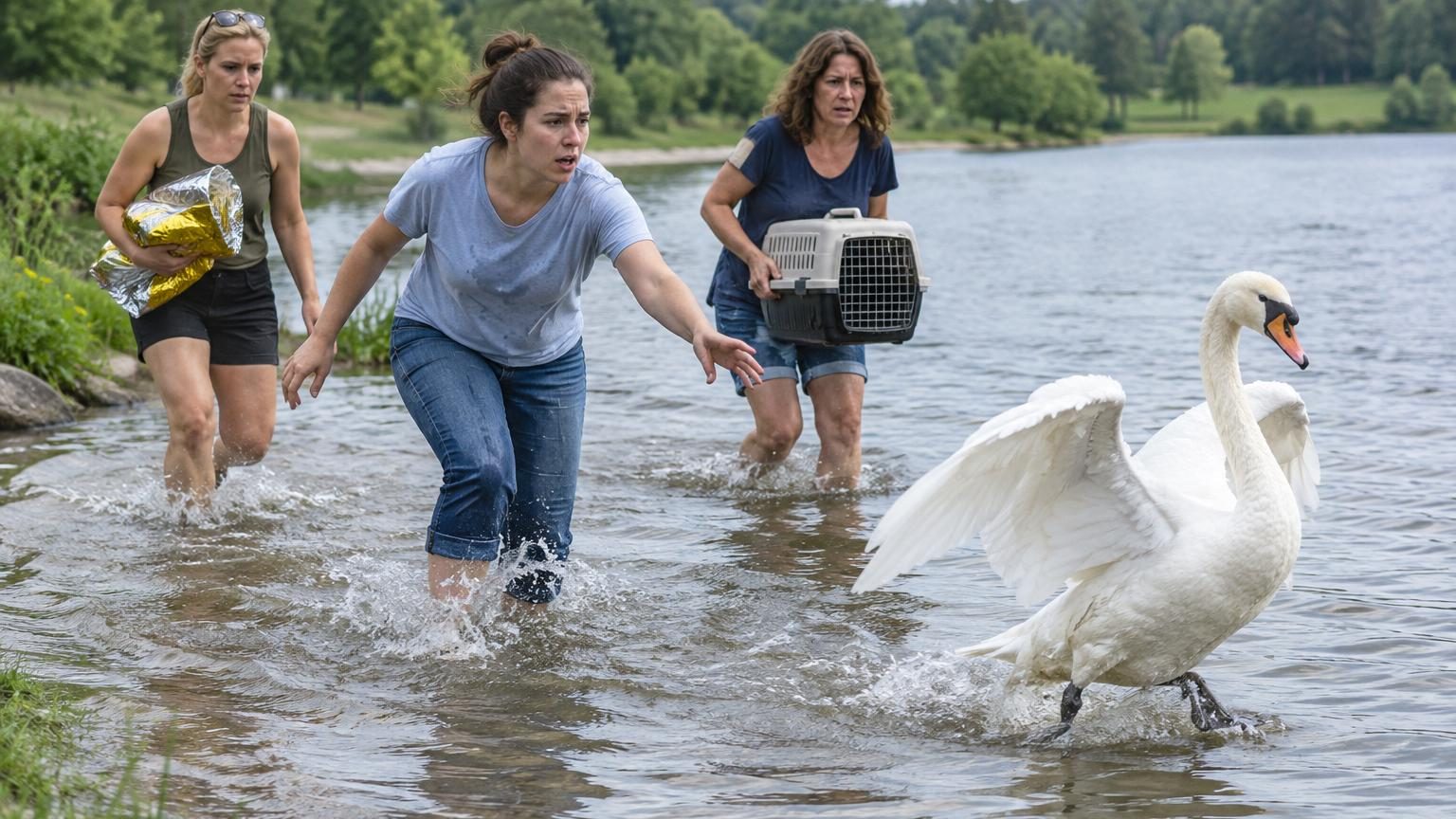 Trois femmes en action pourchassent un cygne blanc blessé dans l'eau d'un plan d'eau, armées d'une épuisette, déterminées à le capturer pour le soigner.