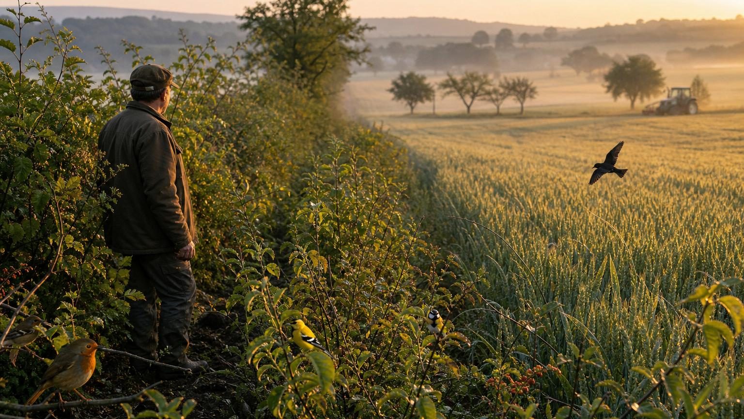 Jeunes noisetiers entourés de brume au petit matin, avec un rouge-gorge perché sur les branches nouvellement plantées dans une parcelle de céréales de l'Ouest de la France.