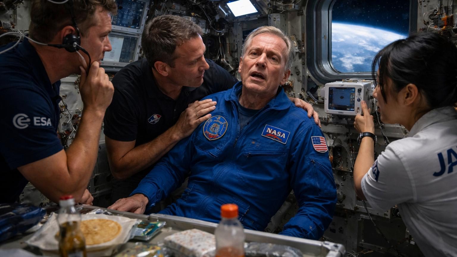 L'astronaute Mike Fincke flottant dans la Station spatiale internationale, entouré d'équipement médical et de ses collègues en état d'alerte.