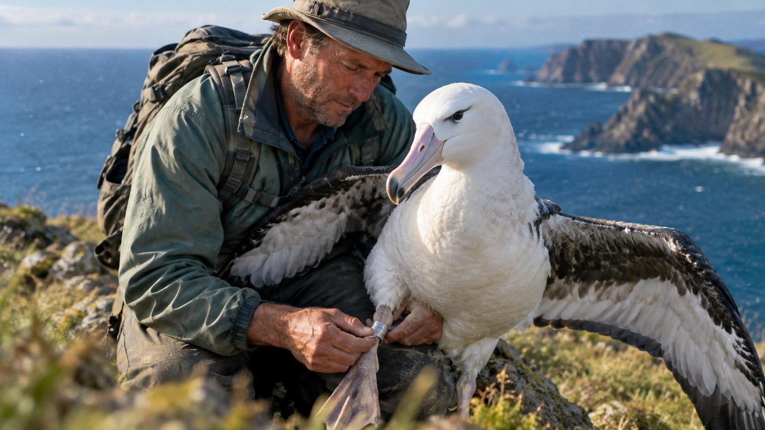 Albatros au plumage blanc avec des ailes immenses, perché sur une île du Pacifique, portant une fine bague métallique visible autour de sa patte.