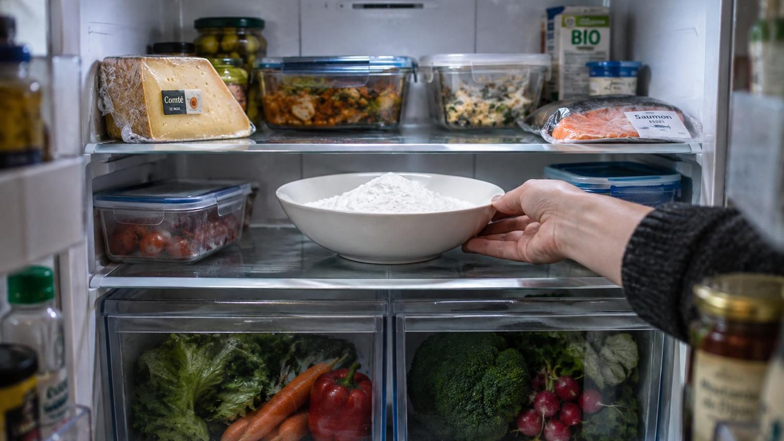Un bol rempli de poudre blanche de bicarbonate posé sur une étagère intérieure d'un réfrigérateur ouvert, avec des aliments et des emballages visibles autour.