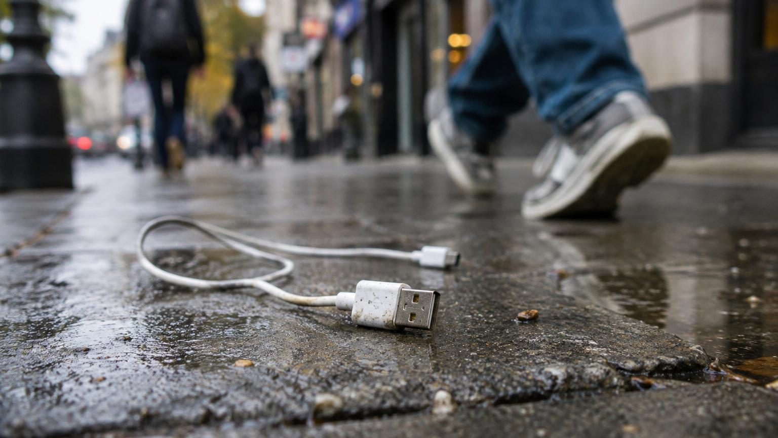 Câble USB noir posé sur un sol urbain, avec des symboles numériques ou d'avertissement superposés suggérant le danger informatique.