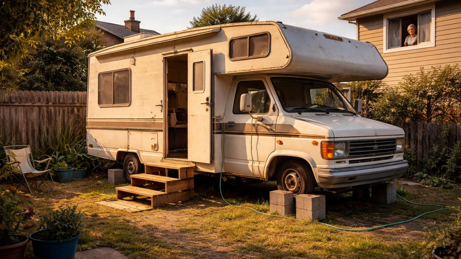 Camping-car blanc sans roues, surélevé sur des parpaings au cœur d'un jardin, ressemblant à une petite maison improvisée immobile entourée de buissons.