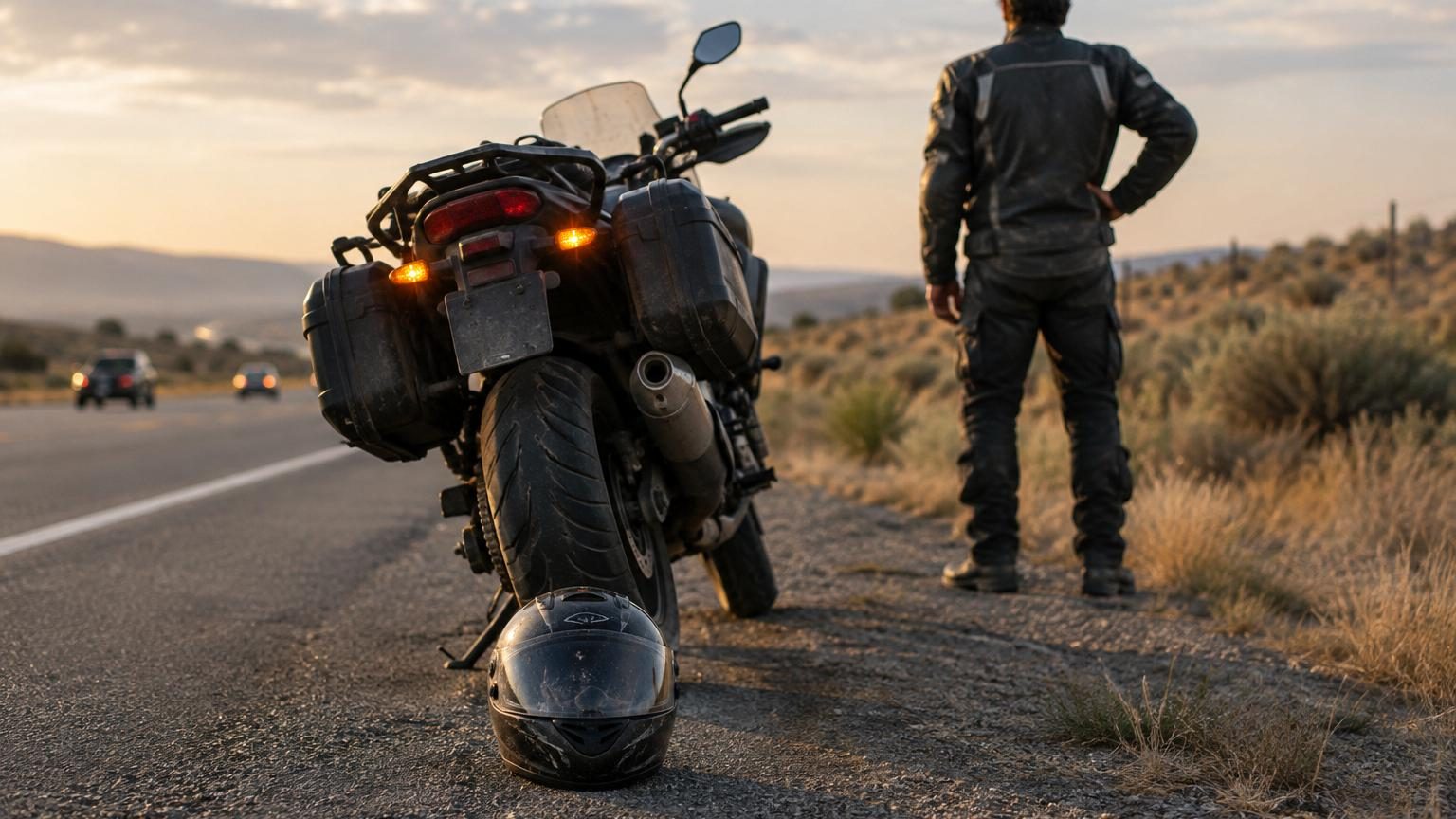 Un casque posé au sol derrière une moto arrêtée : ce signal discret veut dire que le motard a besoin d'aide