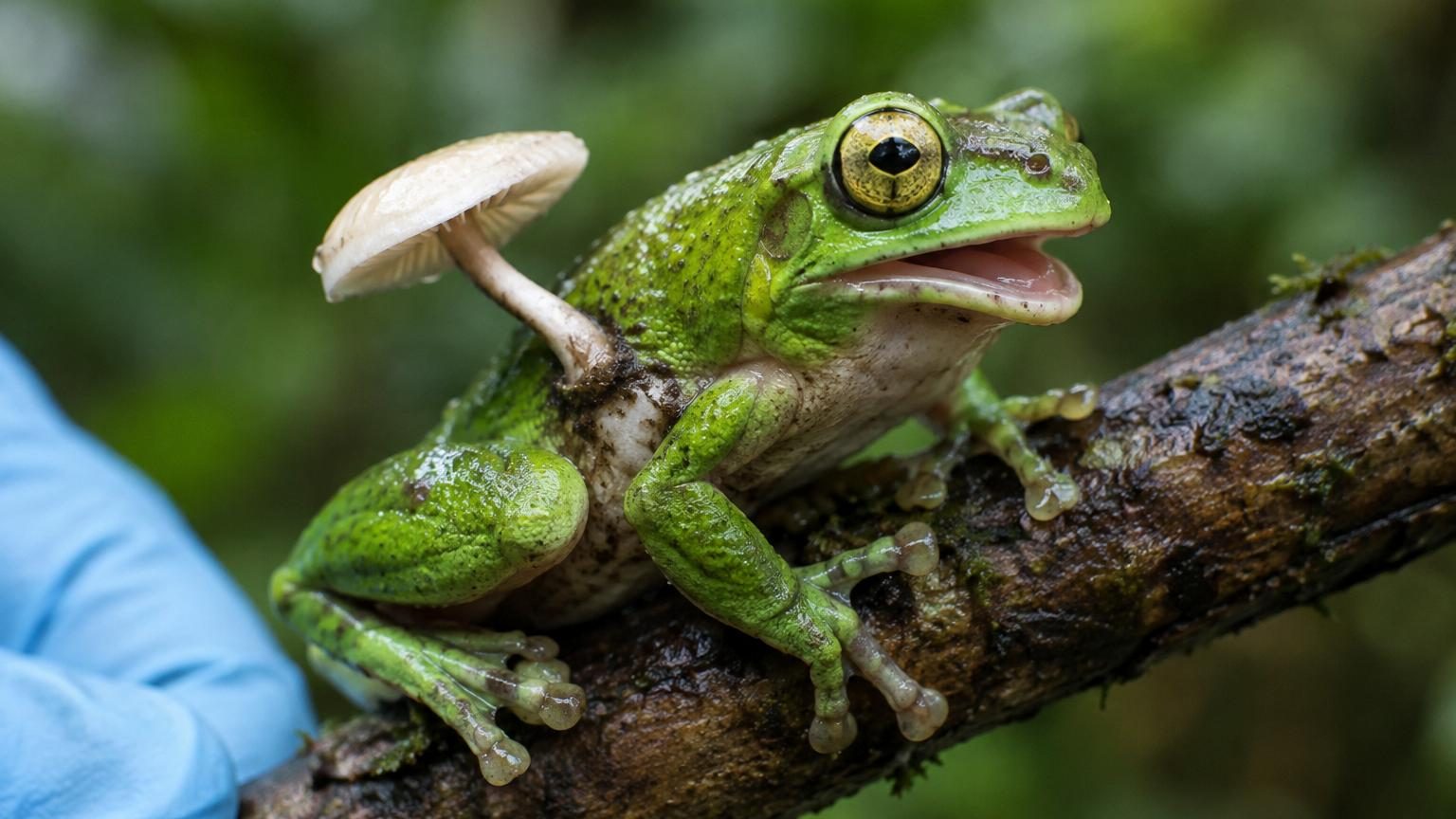 Grenouille vivante vue de profil portant un petit champignon gris à chapeau miniature fixé sur son flanc gauche, perchée sur une brindille.