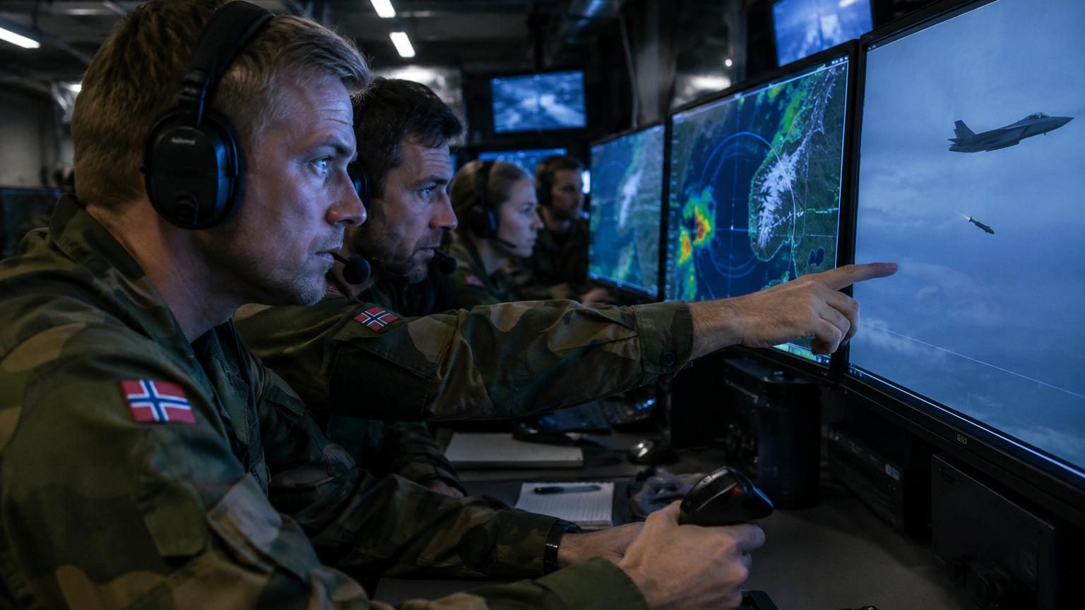 Bunker militaire nordique avec officiers observant des écrans affichant la trajectoire d'une bombe guidée en temps réel, symbolisant le contrôle partagé d'une arme américaine par la Norvège.