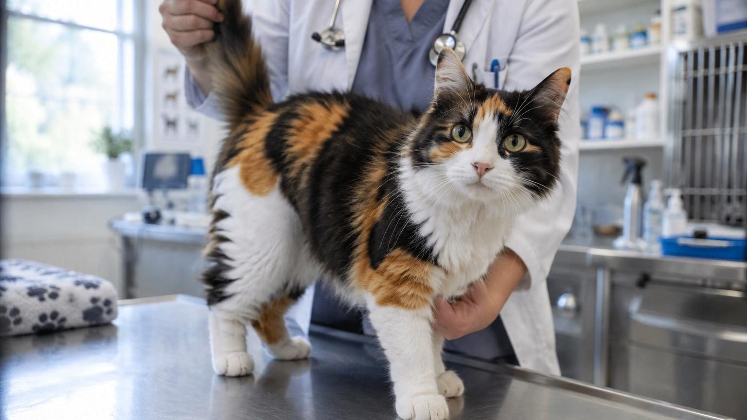 Chat aux trois couleurs distinctes, blanc dominant, avec des taches de noir et roux bien délimitées sur le corps, illustration du motif tricolore rare chez les mâles.