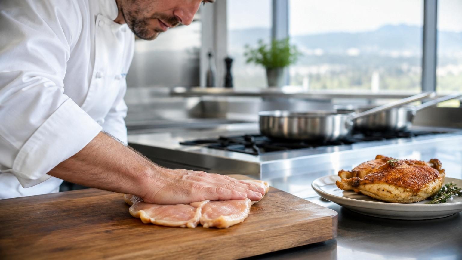 Chef avec maillet frappant délicatement un filet de poulet entre deux feuilles de papier cuisson sur un plan de travail de cuisine immaculée, démontrant la technique d'aplatissement régulier.