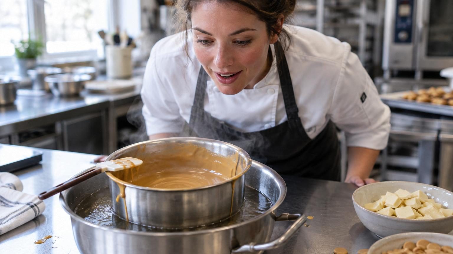 Un pâtissier français en tablier blanc travaille au bain-marie avec du chocolat blanc fondant qui vire progressivement au doré, transformant en chocolat blond à travers la chaleur prolongée.
