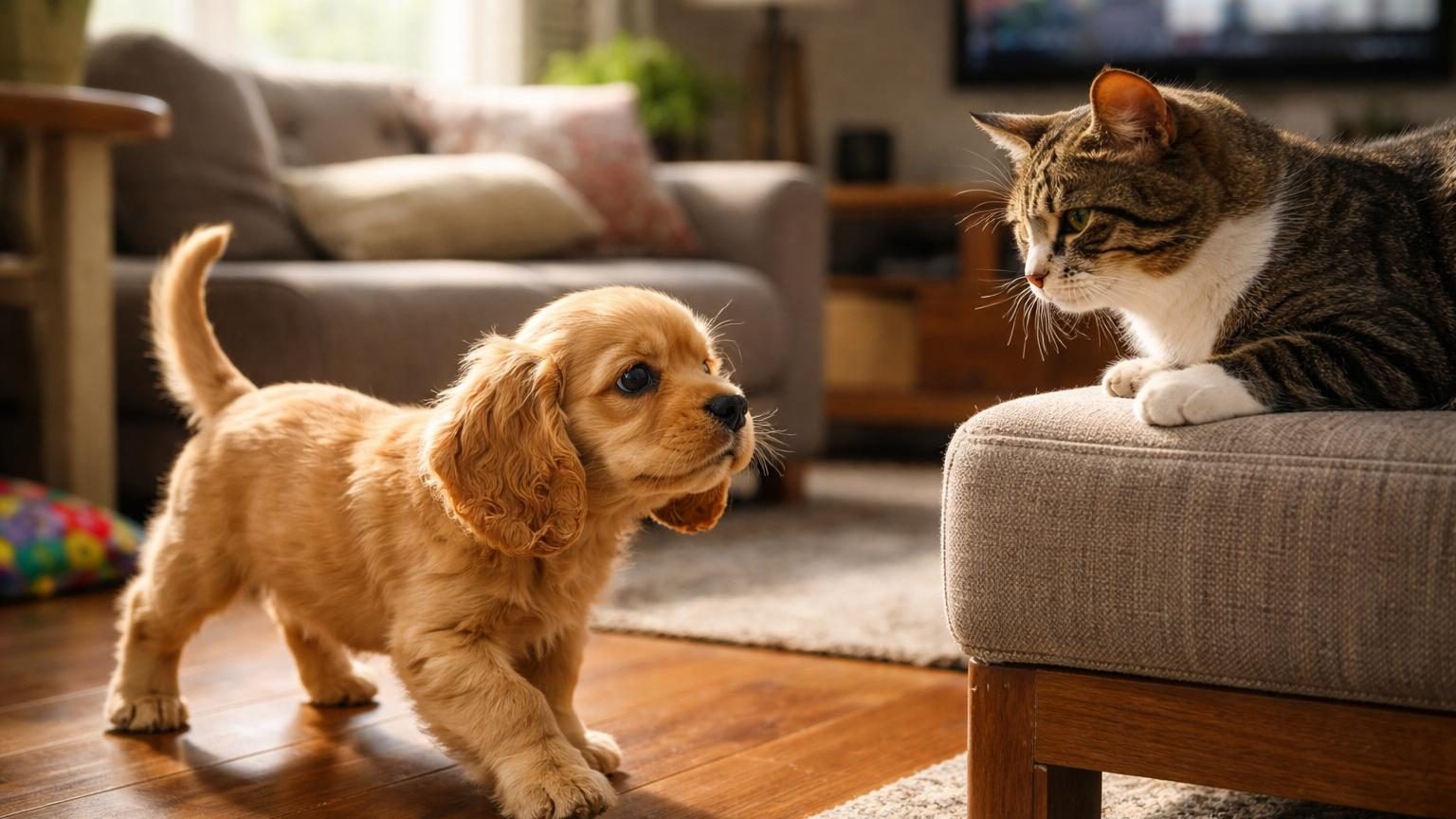 Un chiot Cocker Spaniel blond s'approche curieusement d'un chat assis, méfiant et vigilant, lors de leur première rencontre à la maison.