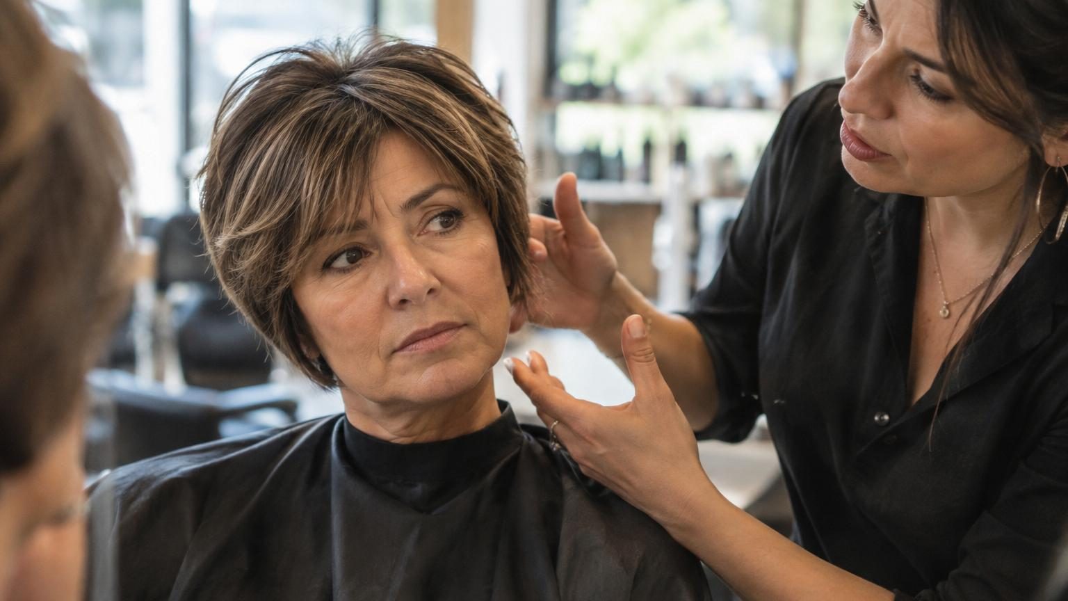 Femme avec une coupe pixie très courte et uniforme, coiffée de manière lisse et plaquée au crâne, illustrant l'effet vieillissant d'une pixie non adaptée après 50 ans.