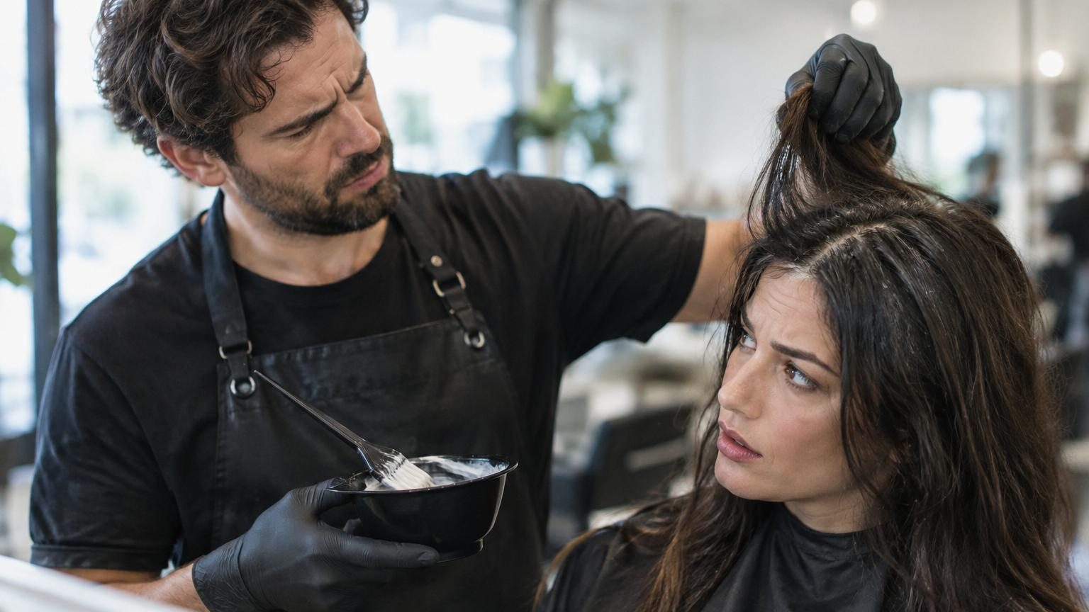 Cheveux longs bruns avec résidus de produits coiffants formant une pellicule grasse, illustrant l'obstacle à la pénétration de la teinture.