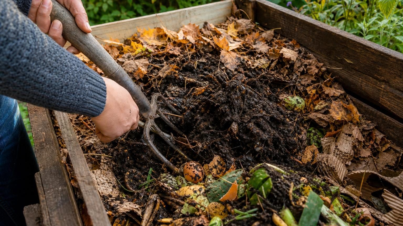 Bac à compost ouvert débordant de matière organique humide et tassée, avec des feuilles sèches à proximité, illustrant le manque d'aération.