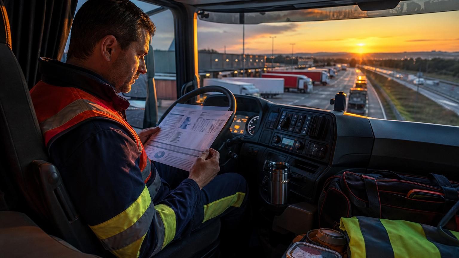 Un conducteur routier au volant d'un camion poids lourd sur autoroute, symbole du secteur du transport de marchandises.