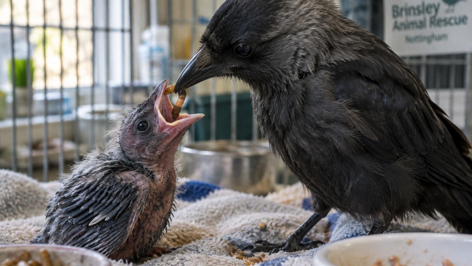 Un corbeau orphelin affamé est recueilli sans presque aucune plume : un autre oiseau lui apprend lui-même à manger