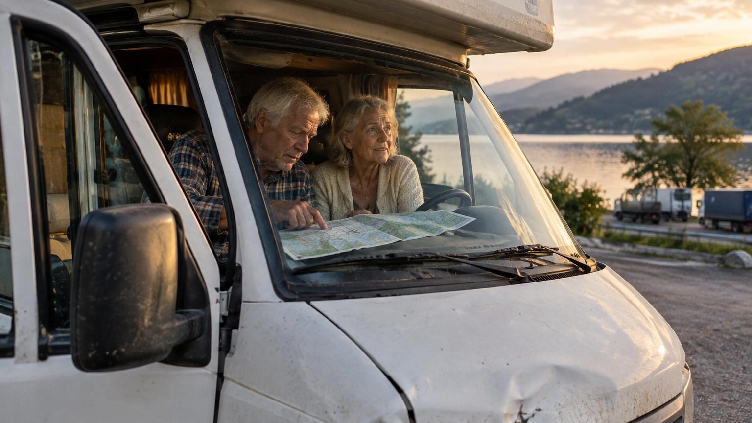 Un couple de seniors souriants observe l'horizon depuis un camping-car blanc légèrement cabossé, en montagne, symbolisant leur liberté retrouvée et leur aventure européenne sans réservations.