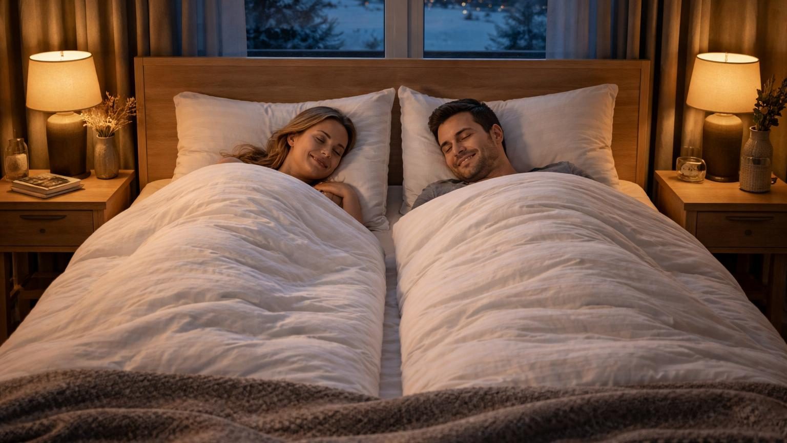 Un lit double avec deux couettes séparées de couleurs différentes, une de chaque côté, symbolisant l'indépendance et le confort personnel tout en partageant l'espace commun.