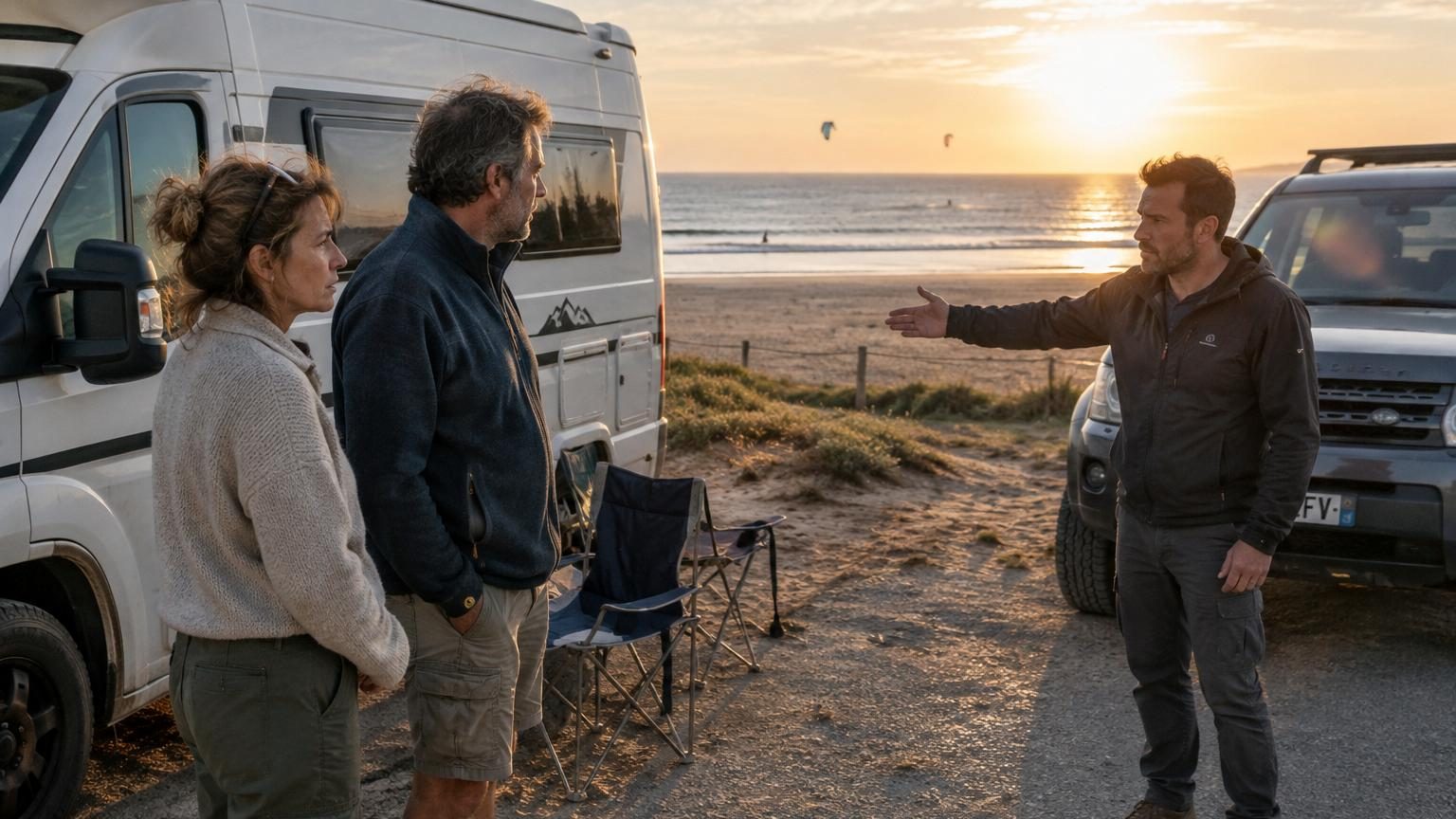 Couple assis devant un camping-car garé face à une plage déserte au coucher de soleil avec quelques kitesurfeurs au loin.