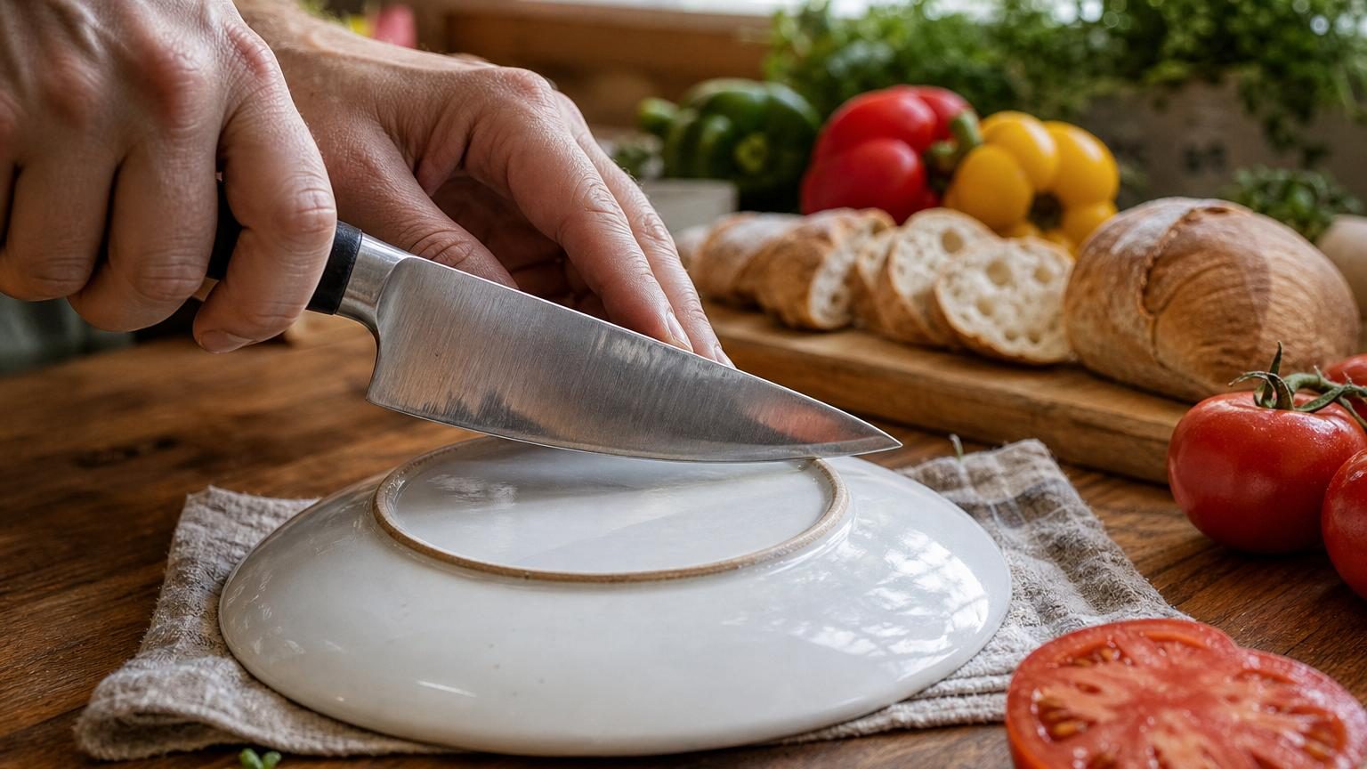 Retournement d'une assiette en céramique montrant la zone mate non émaillée du fond, avec un couteau posé à un angle de 15 à 20 degrés contre celle-ci.
