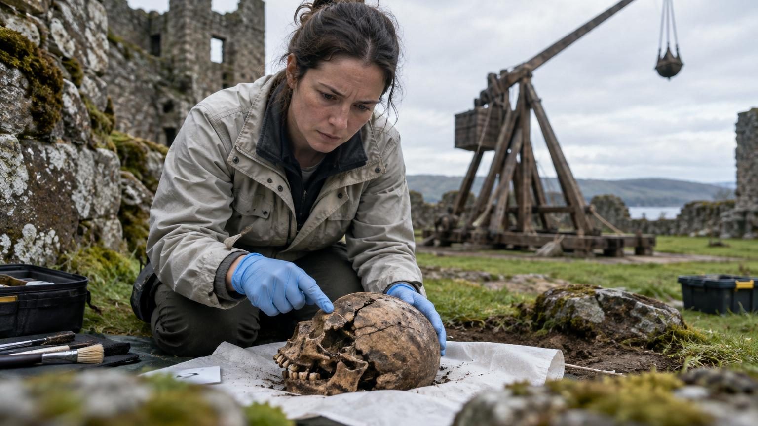 Reconstitution d'un squelette aux os fragmentés et broyés, découvert au château de Stirling, avec mise en évidence des fractures multiples au crâne et au thorax causées par un impact de projectile médiéval.