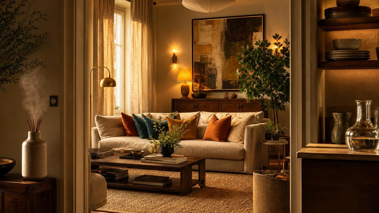 Intérieur cosy avec lampe de sol diffusant une lumière chaude, coussins texturés sur un canapé, tapis épais, cadre mural et objets décorés créant une ambiance chaleureuse et accueillante.