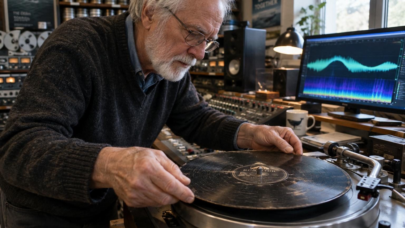 Disque vinyle plastique ancien posé sur une surface, représentant l'enregistrement historique d'un chant de baleine à bosse de 1949 découvert dans les archives de Woods Hole.