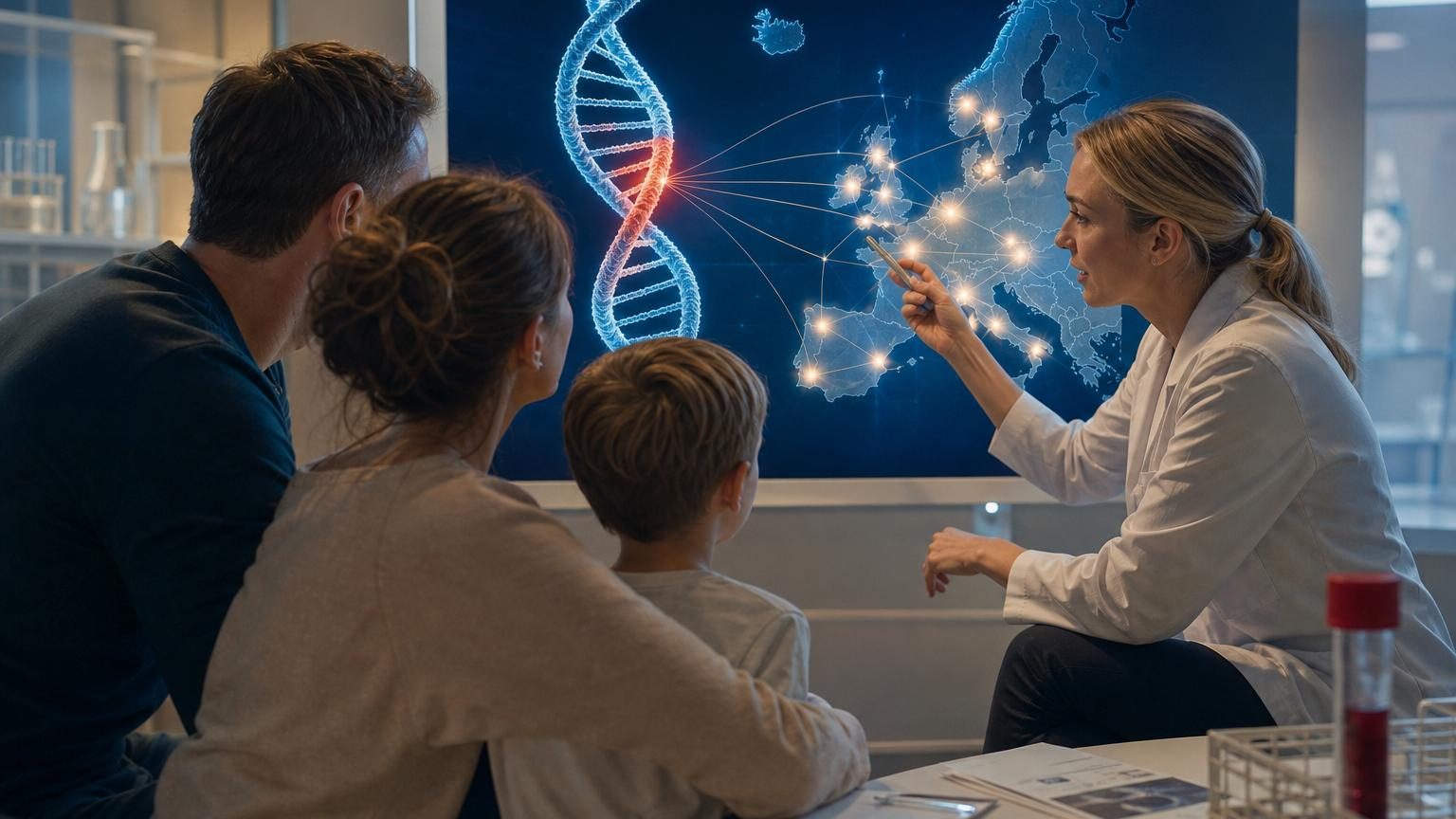 Salle d'attente de clinique de fertilité avec deux familles assises séparément, l'une regardant ses documents médicaux avec inquiétude, rappelant les enjeux du dépistage génétique chez les donneurs de sperme.
