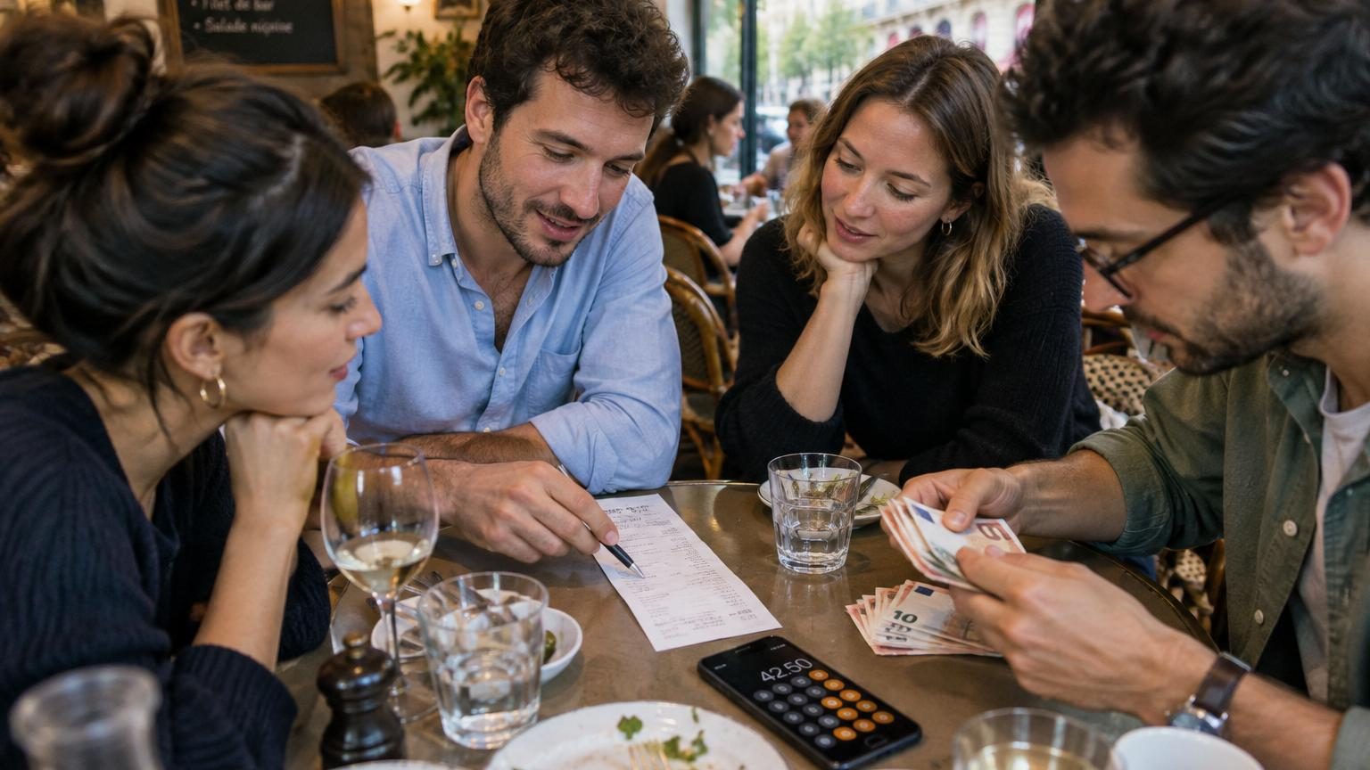 Plusieurs amis attablés au restaurant, l'addition arrivant au centre de la table, l'air serein et bienveillant sans calculs mentaux visibles.