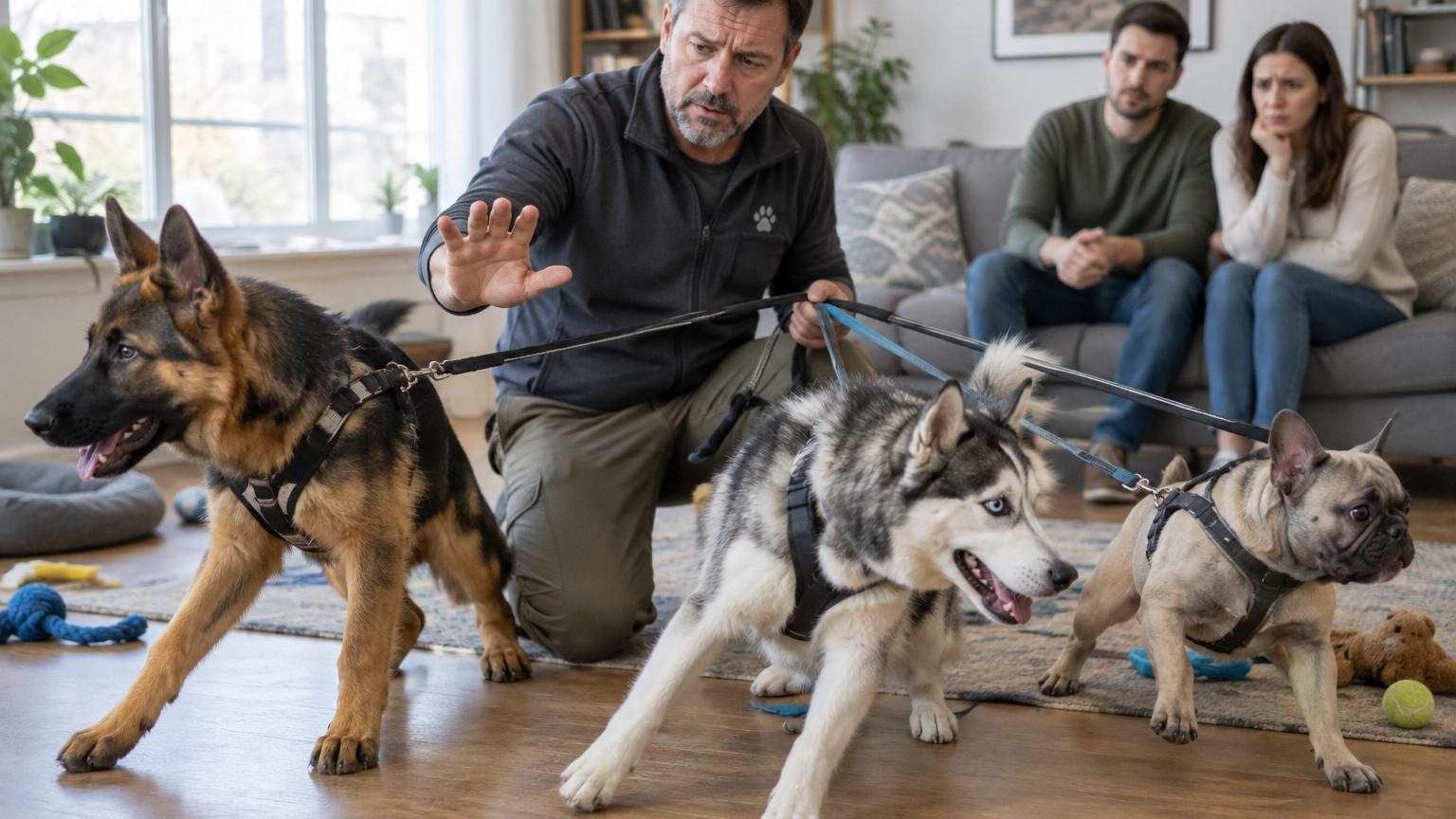 Portrait d'un éducateur canin britannique présentant les trois races de chiens déconseillées pour la vie en famille : Berger Kangal, Berger du Caucase et Mastiff anglais.