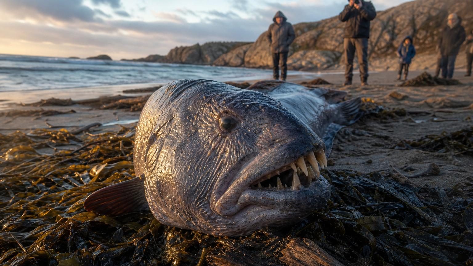 Un poisson-loup gisant sur le sable avec sa mâchoire béante et ses dentes coniques visibles, attirant l'attention des promeneurs sur une plage.