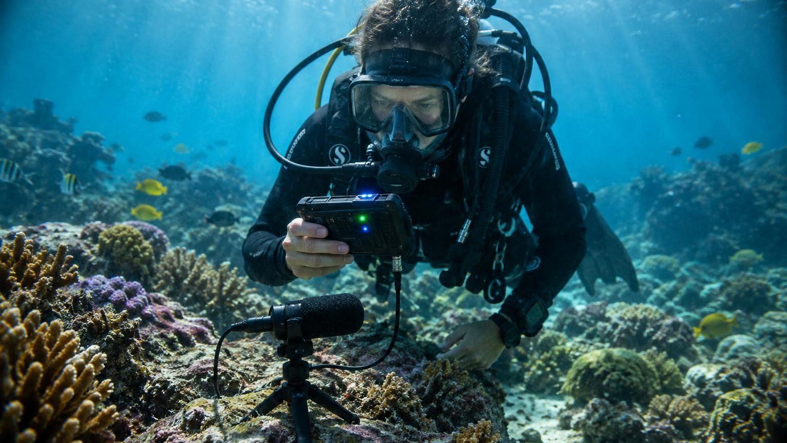 Récif corallien coloré sous-marin avec poissons de diverses couleurs nagant autour des coraux, représentant l'écosystème acoustique mystérieux étudié.