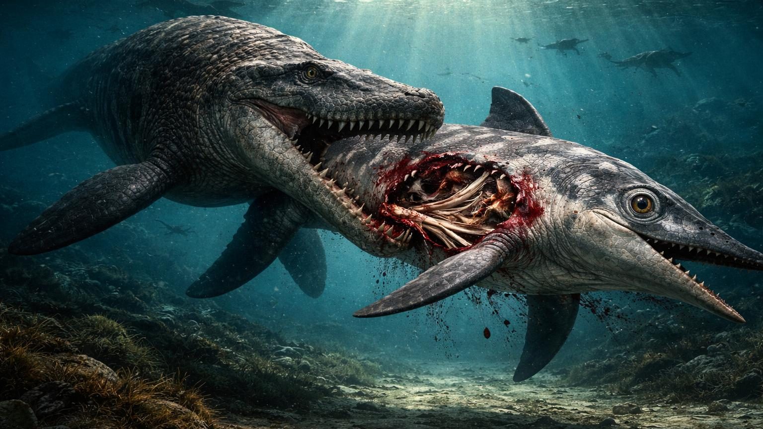 Reconstitution scientifique d'une chaîne prédatrice du Crétacé : un ptérosaure dans l'estomac d'un ichtyosaure blessé par un pliosaure géant