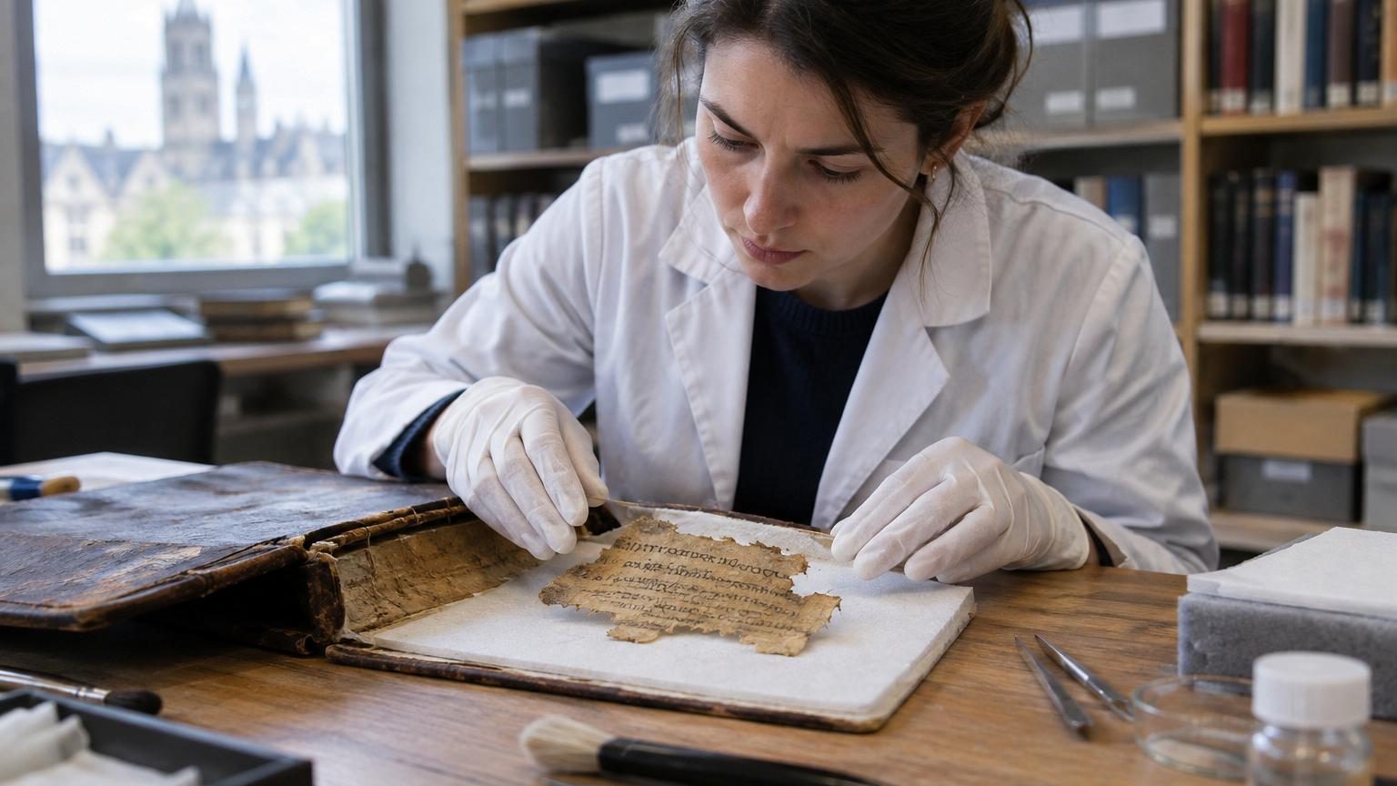 Fragment de manuscrit grec ancien portant du texte de l'Odyssée, inséré dans la reliure renforcée d'un livre ancien conservé en bibliothèque.