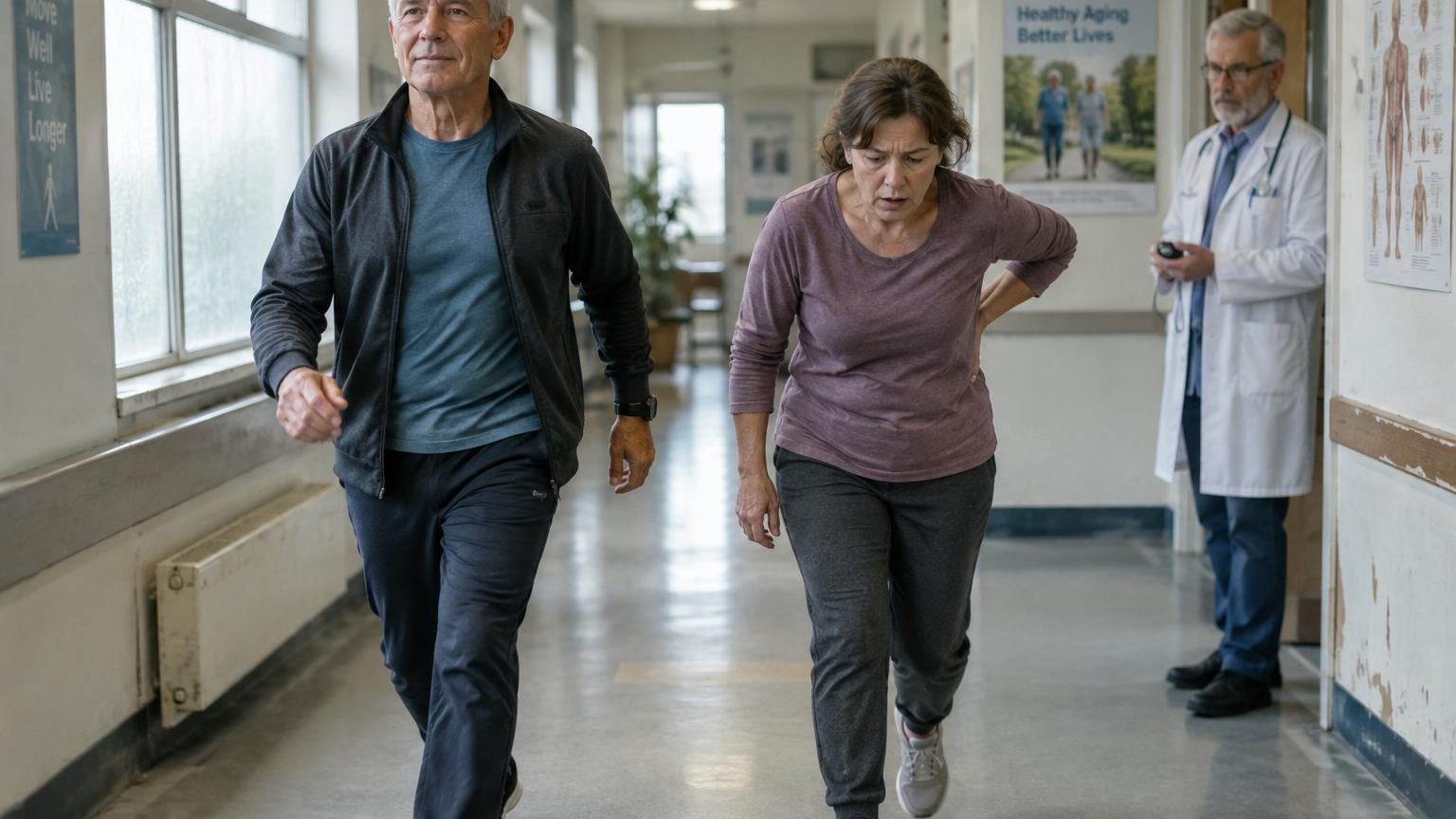 Un gériatre observe un patient âgé de 70 ans marchant avec dynamisme et assurance dans un couloir médical, illustrant la vitalité et la bonne forme physique des seniors d'aujourd'hui.