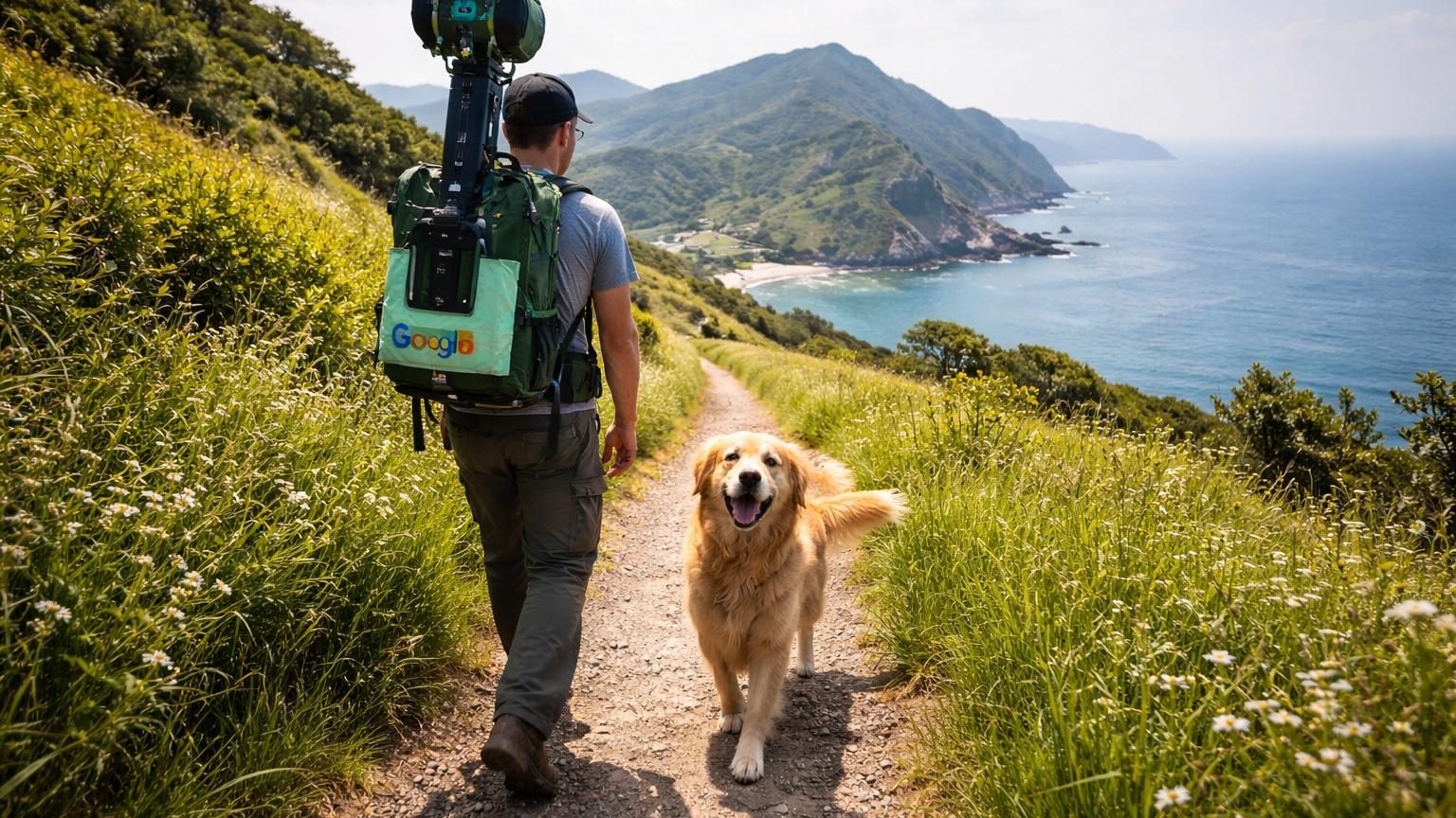Golden retriever marchant sur un sentier herbeux aux côtés d'un opérateur portant un gros sac à dos équipé de caméras Google Street View, paysage rural de Corée du Sud en arrière-plan