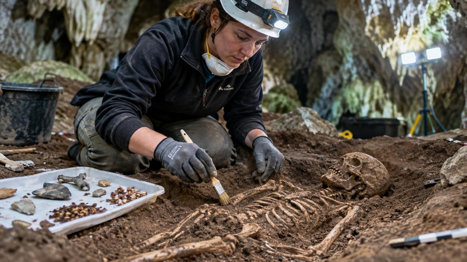 Squelette ancien découvert dans une grotte asturienne entouré de coquilles préservées, restes de concheros mésolithiques accumulés sur plusieurs millénaires.