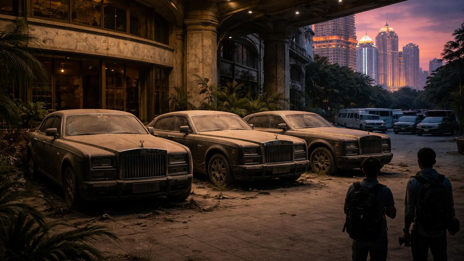 Trois Rolls-Royce Phantom recouvertes de poussière alignées devant l'entrée principale d'un hôtel cinq étoiles abandonné à Macao, laissées à l'abandon depuis neuf ans.