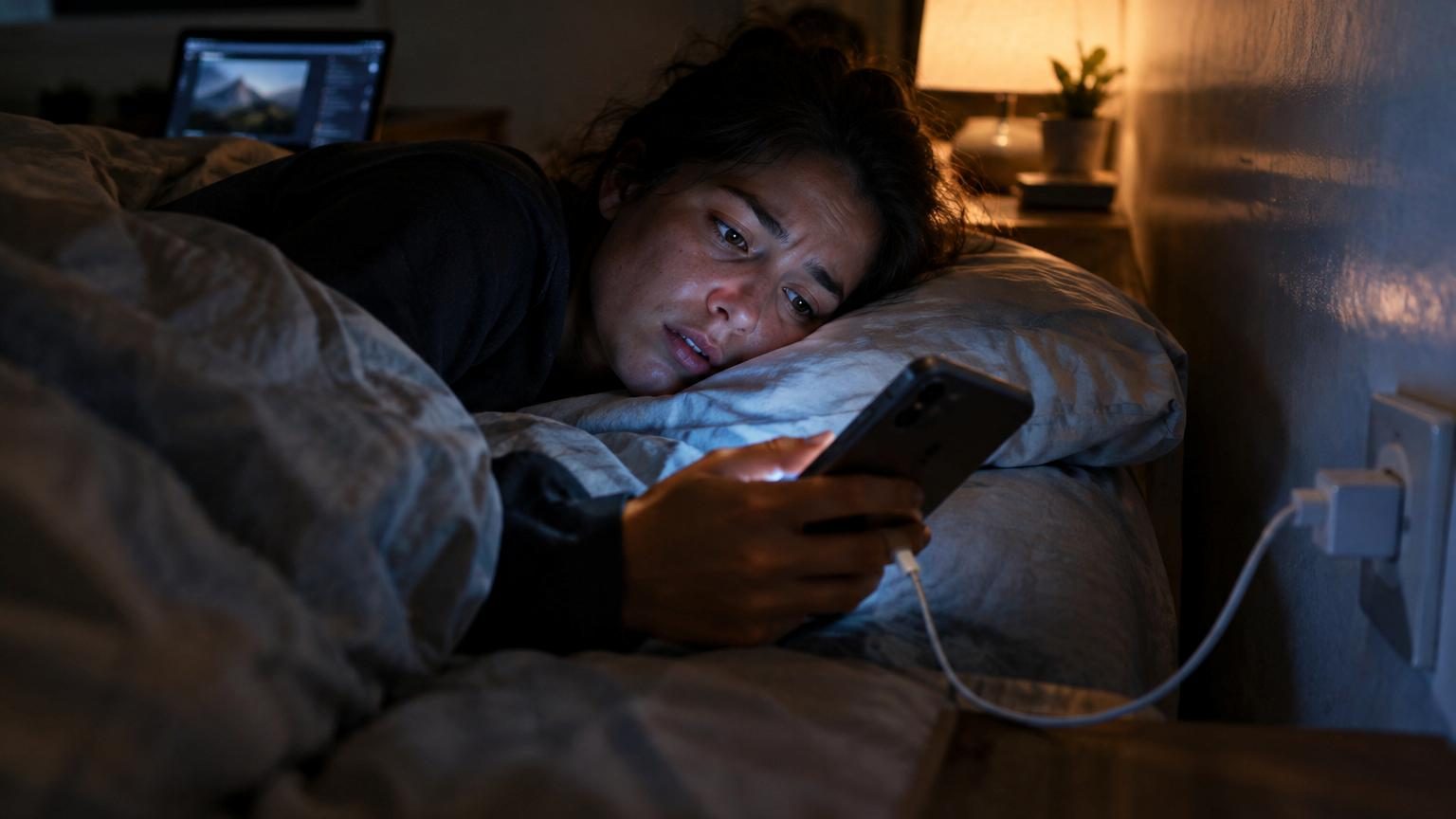 Illustration d'un téléphone smartphone branché à un chargeur noir sur une table de nuit avec lampe et réveil la nuit