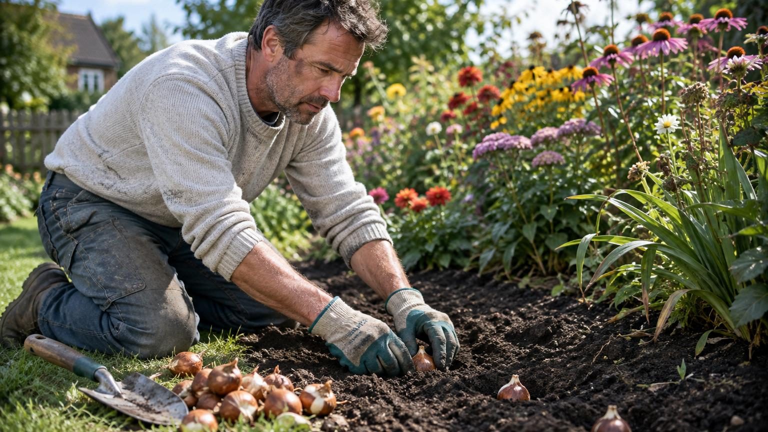 Main d'un jardinier enfonçant un bulbe pointé vers le haut dans un pot en terre cuite rempli de compost, avec d'autres bulbes et outils de jardinage à proximité