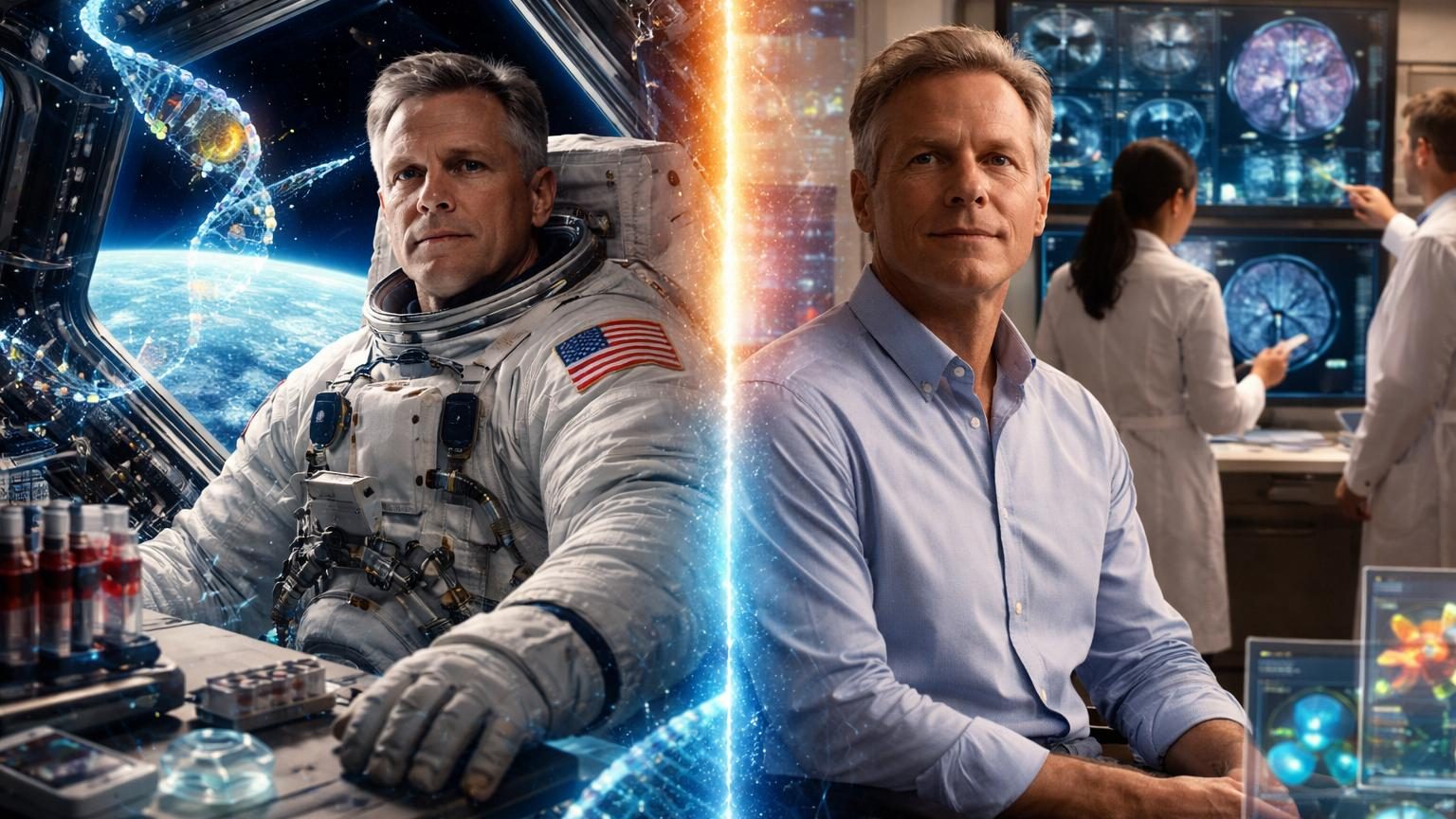Portrait composite montrant les deux jumeaux astronautes Scott et Mark Kelly, l'un flottant en combinaison spatiale en orbite, l'autre debout sur Terre, symbolisant l'étude comparative menée par la NASA entre 2015 et 2016.