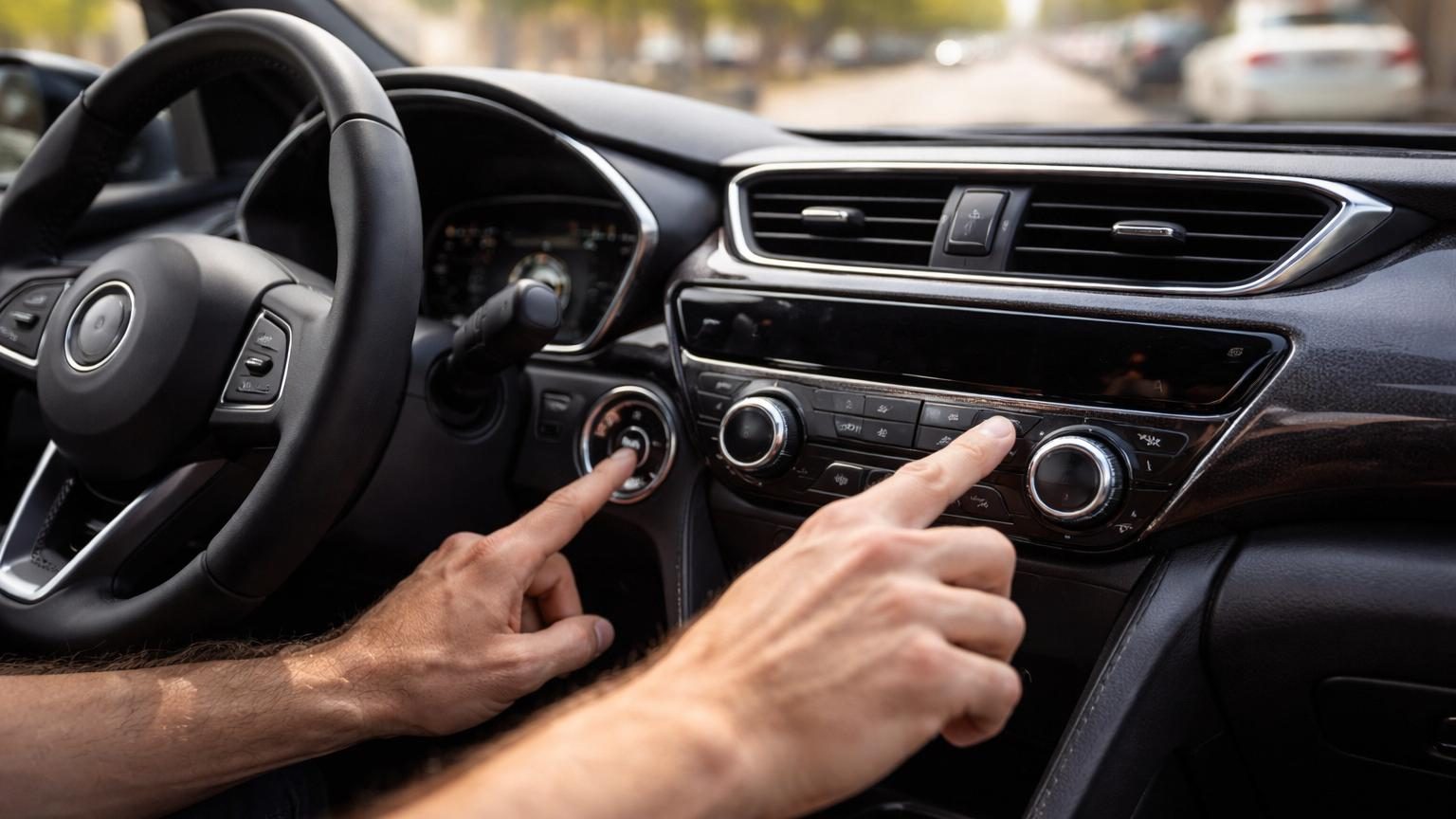 Tableau de bord d'une voiture avec boutons de climatisation allumés, clé de contact ou bouton démarrage en évidence, représentant le moment critique du démarrage moteur.