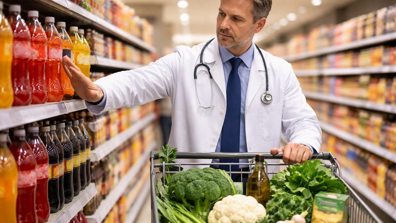 Panier de supermarché avec légumes frais et huile d'olive à côté d'une canette de soda barrée, illustrant les choix alimentaires pour la santé du foie