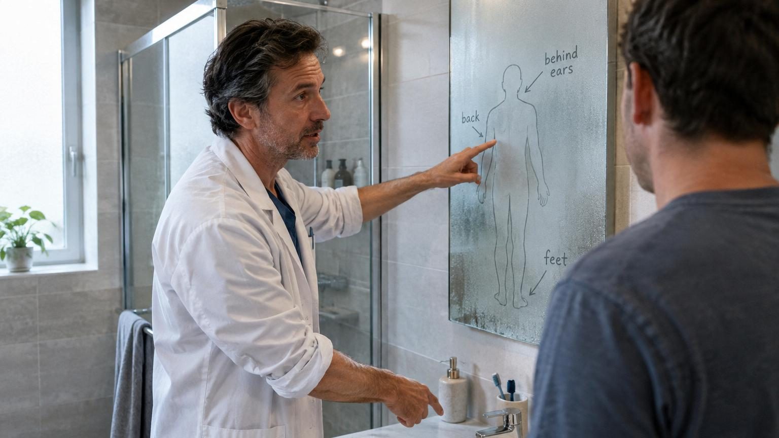 Illustration d'une personne prenant une douche, mains levées vers le cuir chevelu, avec des zones du corps surligées (nuque, nombril, espaces entre les orteils) représentant les zones à laver avec attention.