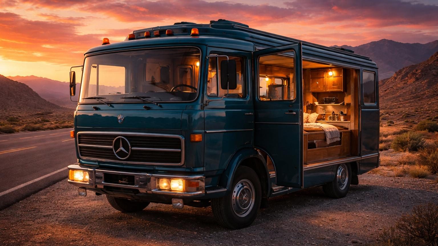 Cabine intérieure aménagée d'un Mercedes-Benz NG des années 1970 transformée en maison roulante avec cuisine, réfrigérateur et couchette pour routier solitaire