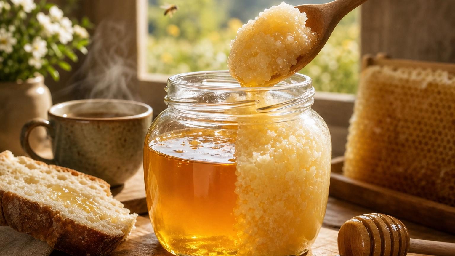 Pot de miel cristallisé de couleur claire et épaisse avec une texture granuleuse, posé sur une surface neutre pour montrer le changement d'aspect du produit naturel.