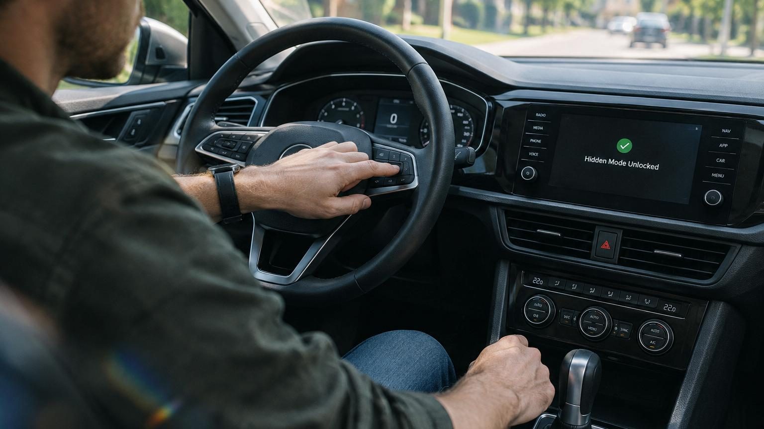 Vue d'un tableau de bord moderne avec écran tactile central affichant des paramètres techniques et de diagnostic sur une interface de service automobile.